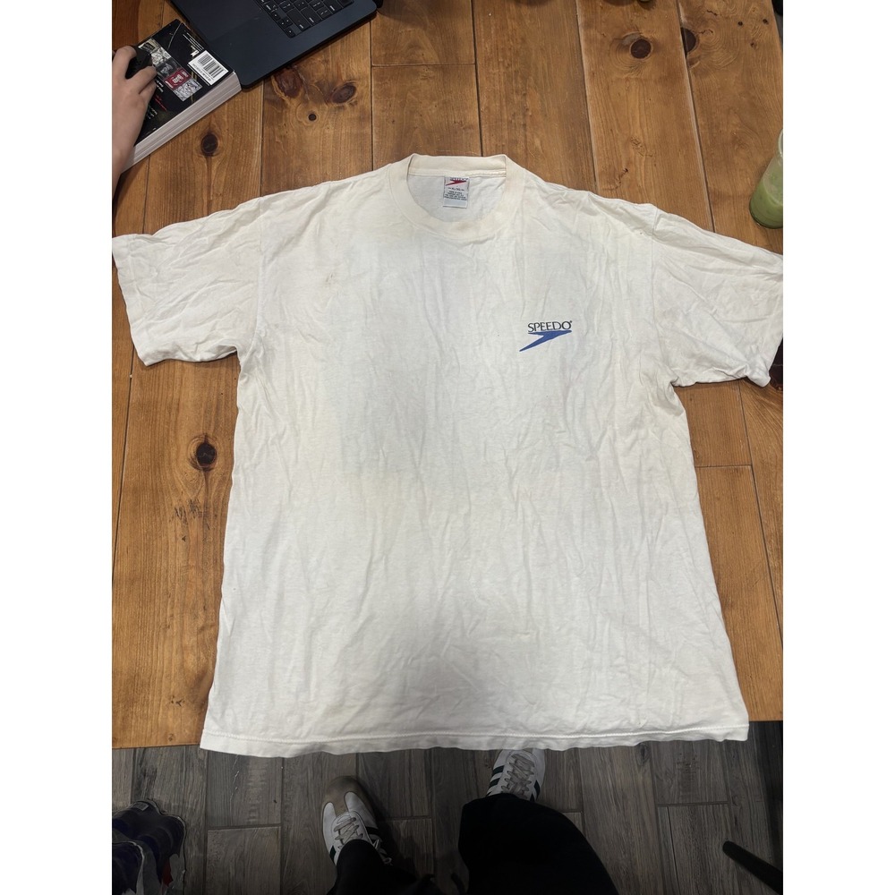 Vintage‎ 90s Speedo T-Shirt Men's XL White Made in USA Double Sided Graphic Tee